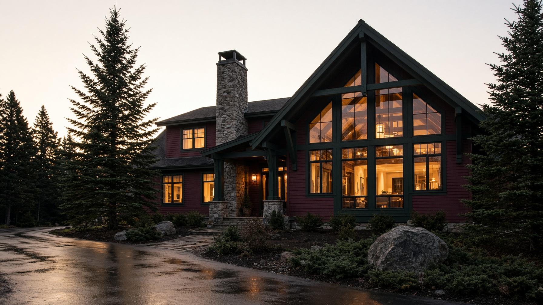 Custom New England home at dusk